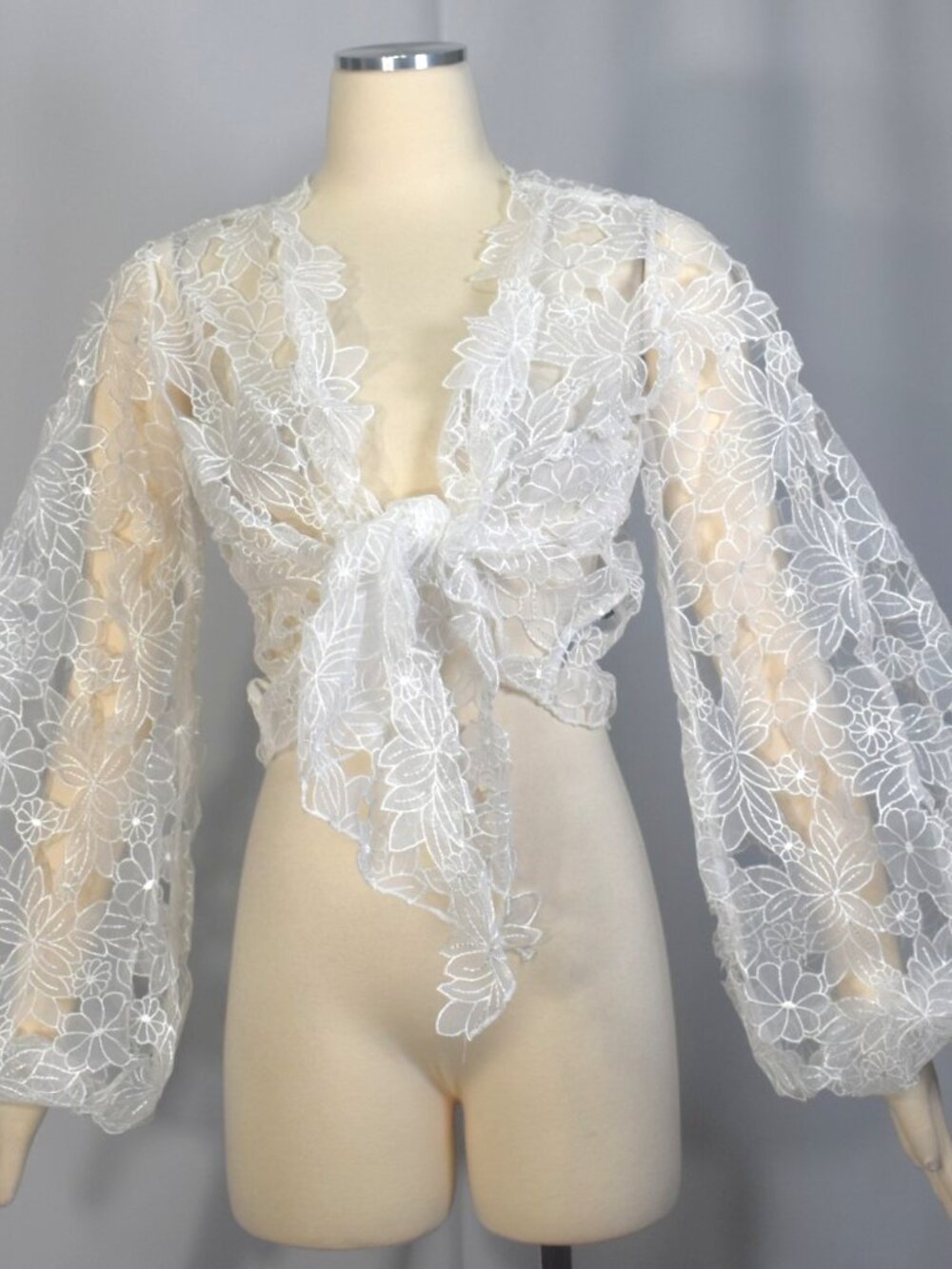 Lirika Matoshi White Floral Embroidered Organza Tie Front Blouse Top S